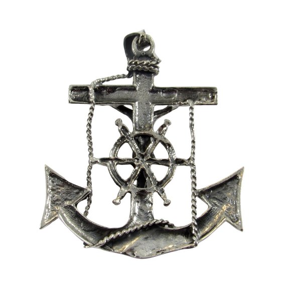 Solid 925 Sterling Silver Anchor With Helm & Crucifix Pendant - Nautical Jewelry - Picture 8 of 8